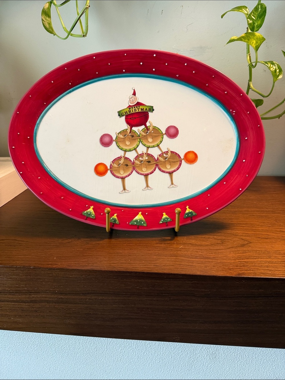 Festive Red Holiday Serving Platter with Tree Motif